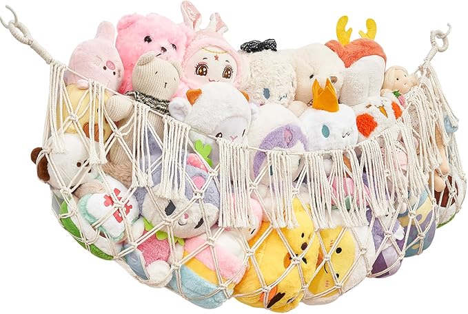 Stuffed Animal Net Hammock, Premium Cotton Hand-knitted plush hammock, Save space Eliminate Clutter Boho Stuffed Animal Storage for Nursery, Bedroom Decor, playrooms