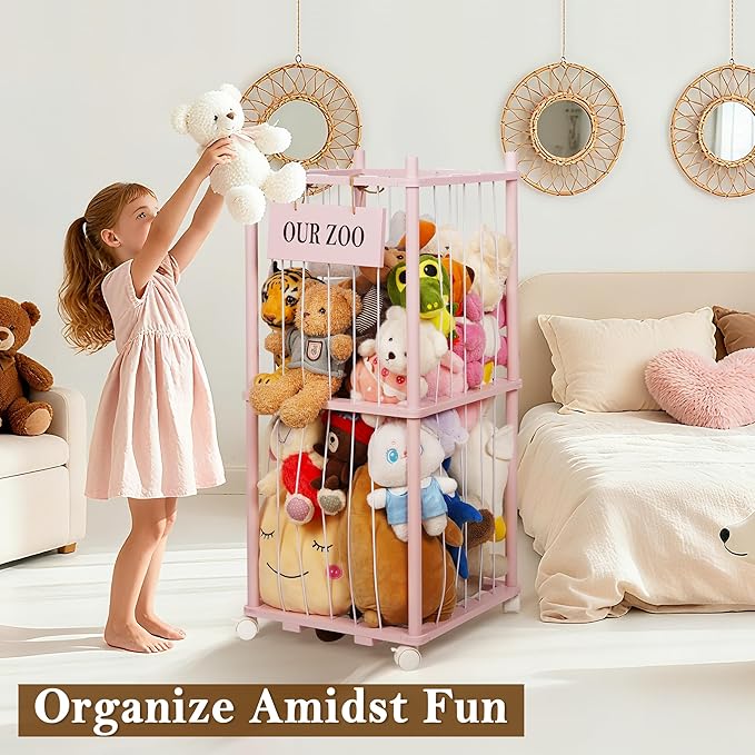 Edudif Stuffed Animal Storage Zoo, Wooden Stuffed Animal Organizer with Removable Wheels & 5-Row Elastic Cords, Space-Saving Plush Toy Storage Holder for Playroom, Bedroom, Nursery