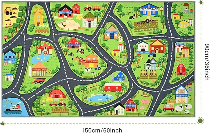 Farmyard Adventure Play Rugs, Educational and Fun Farm Car Rug Play Mat for Kids, 60"x36" Non-Slip Playmat with Barns, Animals & Crops for Imaginative Play, Nursery, Playroom and Classroom