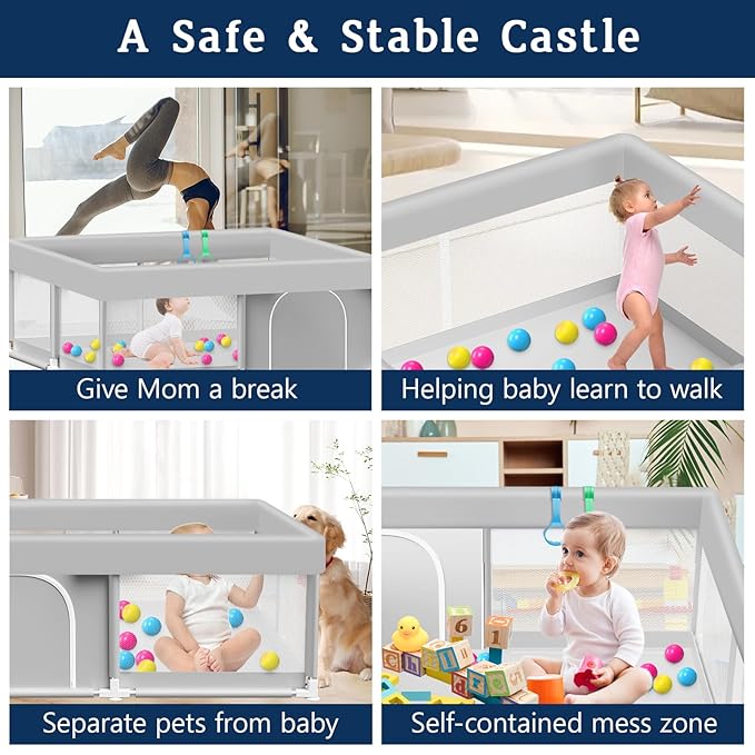 Baby Playpen with Balls and Pull Rings, 50x50 Inch Playpen for Babies and Toddlers Baby Playpen Fence Playard Activity Center, Without MAT Included