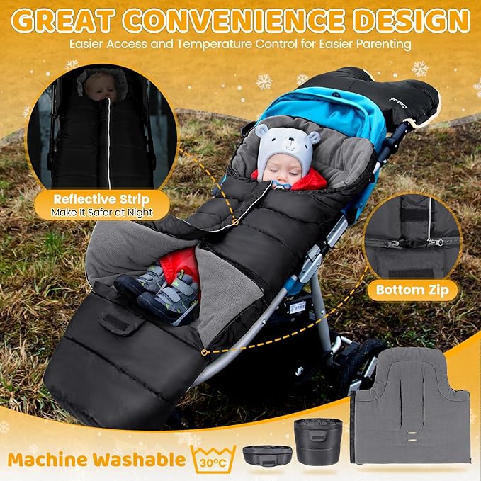 Orzbow Universal Stroller Bunting Bag with Extra Footmuff for Toddler, Kids, Warm Waterproof Winter Stroller Blanket Cover, Baby Bunting Bag - Protect Babies from Cold Winds, Black