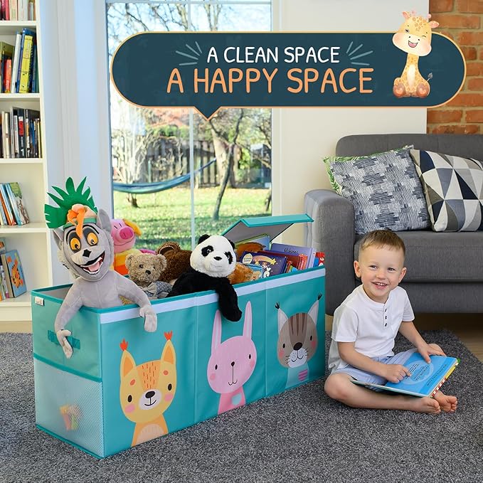SoftOwl Extra Large Toy Storage Organizer with Lid - Sturdy, Collapsible Toy Chest Storage Box with Cute Design - Toys Bin with Dividers for Kids, Boys, Girls, Nursery, Bedroom, Play room 37"x16"x14"