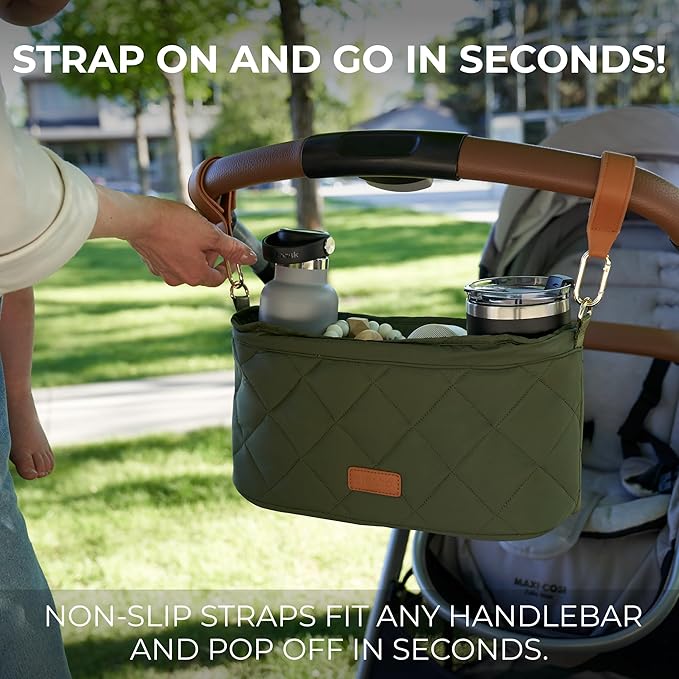 Beautiful Stroller Caddy Organizer With 2 Cup Holders – Luxury Stroller Bag, Universal Fit, Leather Straps & Zipper Pocket – Spacious Accessories Perfectly Fits Doona, Nuna & Uppababy Strollers