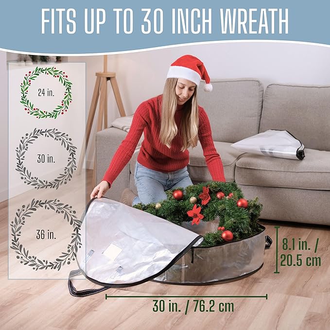 VENO 30 Inch Wreath Storage Container, 2 Pack Clear Round Christmas Wreath Storage Bag, Heavy Duty Clear Holder with Wall Hanging Handles