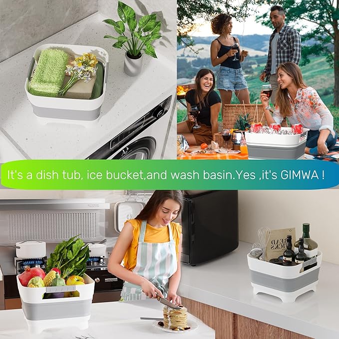 GIMWA 2.6 Gal(10L) Collapsible Wash Basin for Baby Bottles,Pink Space-Saving Collapsible Dish Basin with Drain Plug for bottle washing, Collapsible Bucket for RV Kitchen Essentials