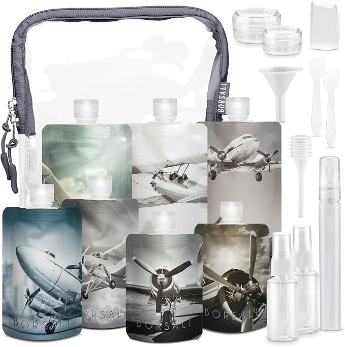 BORSALI Travel Pouches for Toiletries, Portable Flat Pack Squeeze Containers for Shampoo & 3-1-1 Liquids, Empty Travel Size Essentials for Women - 18 Piece Set with TSA Approved Bag