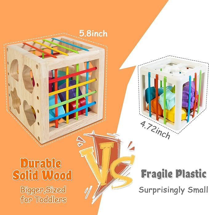 HELLOWOOD Montessori Toys for 1+ Year Old, Wooden Sorter Cube with 8pcs Rattling Shapes, Developmental Learning Toy Gifts for Baby Toddler Boys Girls, Gift Packaging