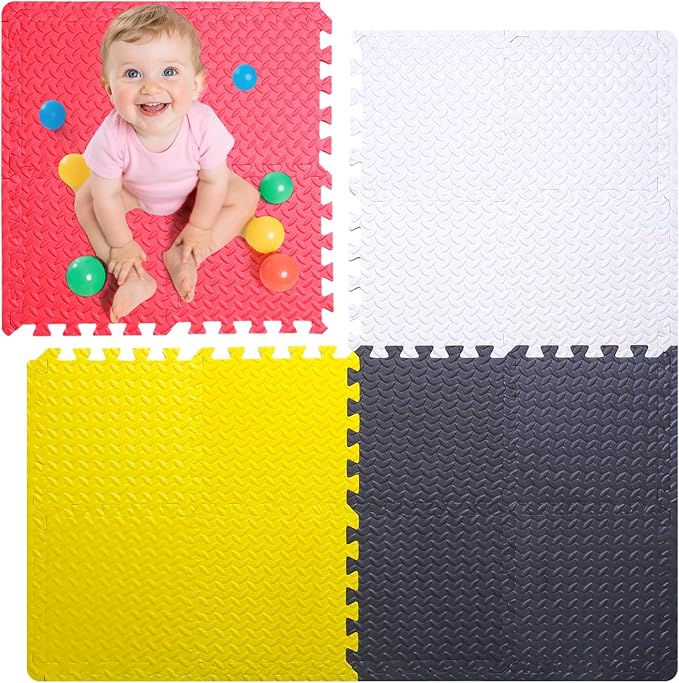 Coolcandy Baby Foam Play Mat 16Pcs with Edge Strips, 4 Colors Interlocking Floor Tiles, 0.4″ Thickened Non-Slip Puzzle Floor Mat for Infants Toddlers Playroom & Daycare