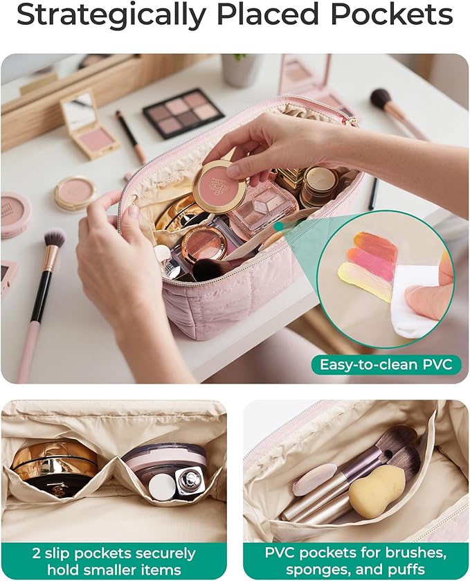 BAGSMART Makeup Bag Travel Toiletry Bag, Puffy Padded Make Up Bags for Women Makeup Organizer Case, Wide-open Pouch Purse Travel Essentials Toiletries Accessories Brushes, Pink