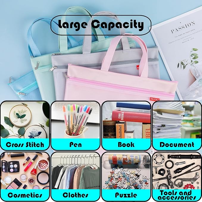 Mesh Zipper Pouch 11x13.7 in, A4 Double Pocket Waterproof File Bag with Handle, Document Storage for School/Travel/Office/Puzzle (Gray, 2pcs)