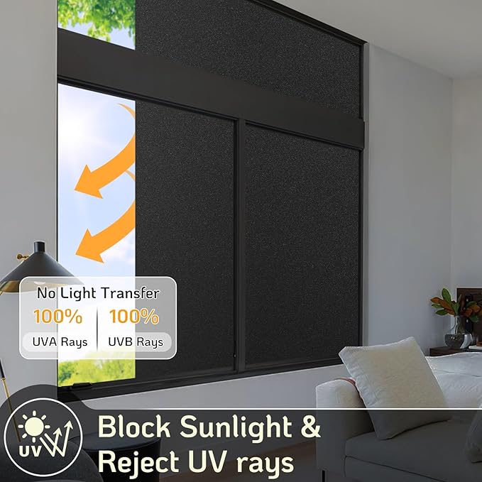 LUTE Blackout Window Film Removable Window Tint for Home Privacy Black 17.5" x 118.1", Static Cling for Inside Dark Sunlight Blockers Darkening Light Blocking for Bedroom Home Theater Garage