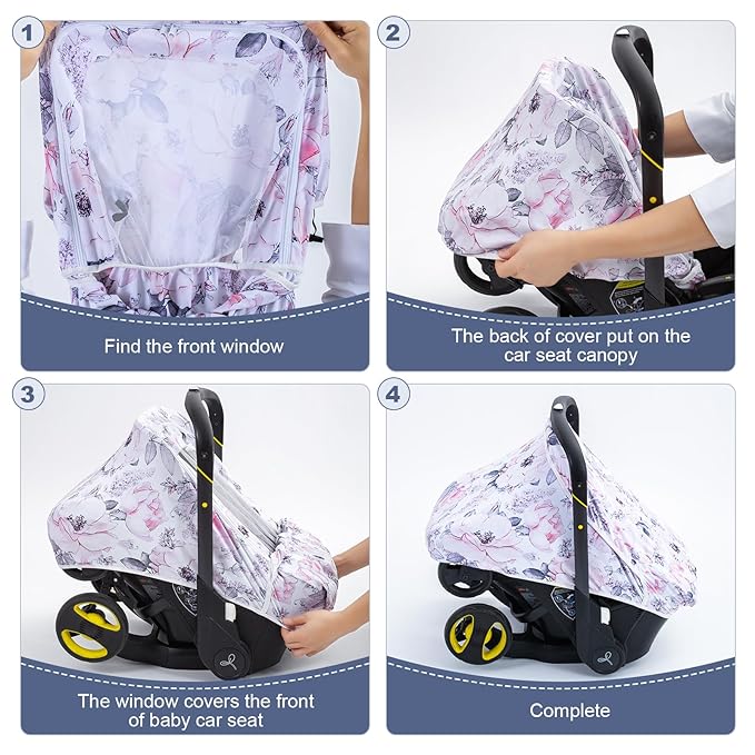 Car Seat Cover Baby, Infant Car Seat Cover with Mesh Window, Stretch Carseat Cover for Girls Boys, Soft Breathable Baby Carrier Cover for Stroller, Summer Carseat Canopy Sunshade Cover