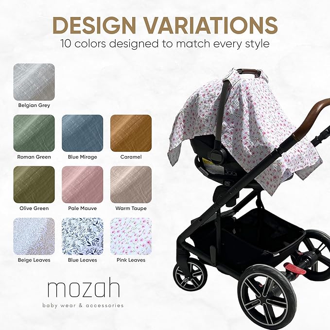 MOZAH Baby Car Seat Cover - Pink Floral Leaves - 100% Organic Muslin - Soft, Breathable and Lightweight, Baby Infant Car Seat Essentials