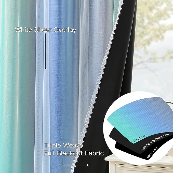 XiDi Blakout Curtains with Sheer Overlay 84 Inches Long for Bedroom 2 Panels Double Layer Rainbow Curtains for Nursery Kid Room Thermal Insulated Room Darkening Grommet Drapes Blue Green Grey 52Wx84L