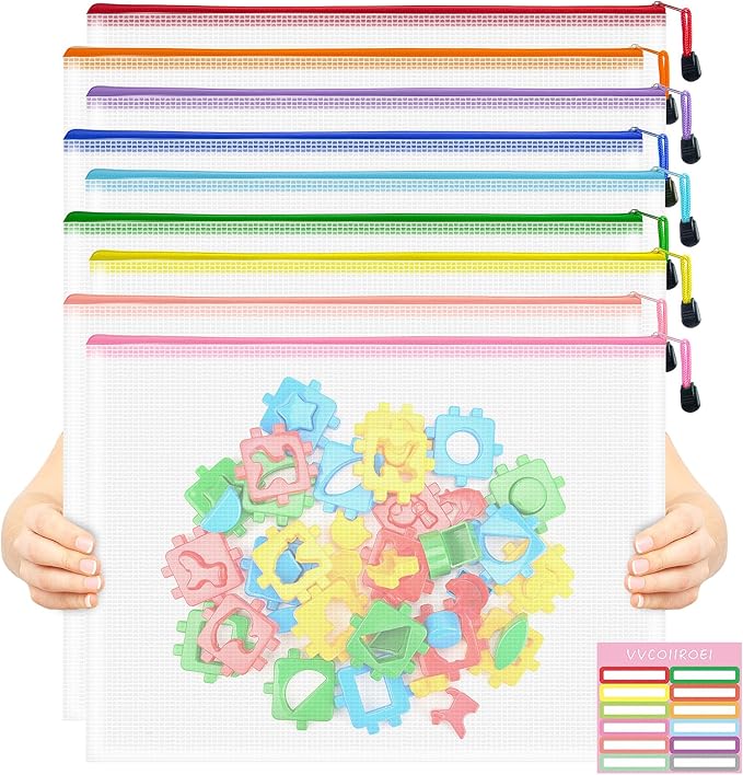 VVCOIIROEI 9pcs Mesh Zipper Pouch Bags, A3 Sizes, 9 Colors, Board Game Storage, Travel, School, Office Organize