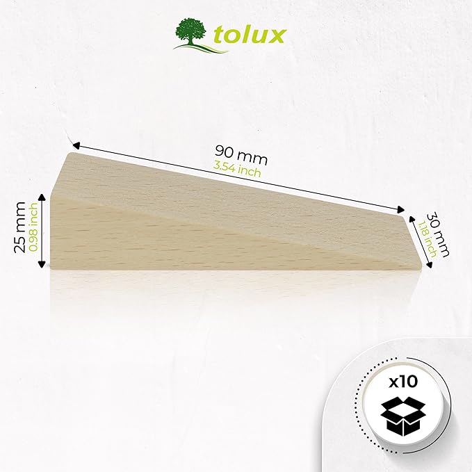 Tolux Wooden Wedges, Hardwood Wedge, Beech Wood Wedge, Wooden Doorstop, Handy Tool in Carpentry, Construction and Various DIY Projects, Size 90x30x25 mm / 3.54x1.18x0.98 in, Pack of 10 pcs