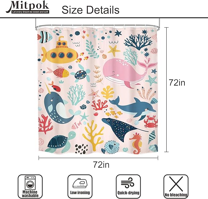4 PCS Pink Kids Bathroom Set Summer Ocean 72Wx72H Shower Curtain Set Bath Rug Toilet Lid Cover, Nonslip U Shape Mat Whale Funny Cartoon Cute Animal Accessories 12 Hooks Bathroom Decor