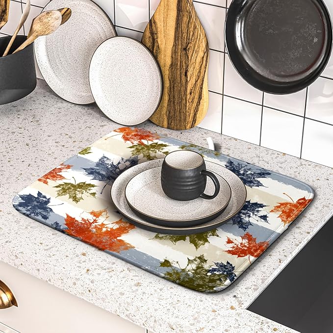 Autumn Colorful Maple Leaves Dish Drying Mat for Kitchen Counter,Blue and White Stripe Drying Mat 16 x 18 Inch with Absorbent Reversible Microfiber Dish Drying Pad Dish Rack Drainer Mat for Coffee Bar