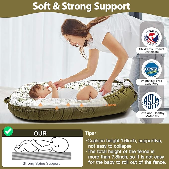 Baby Lounger-Breathable and Soft Organic 100% Cotton, Portable Infant Lounger with Removable Lounger Cover, Baby Nest Lounger for Newborn - Green Rabbit