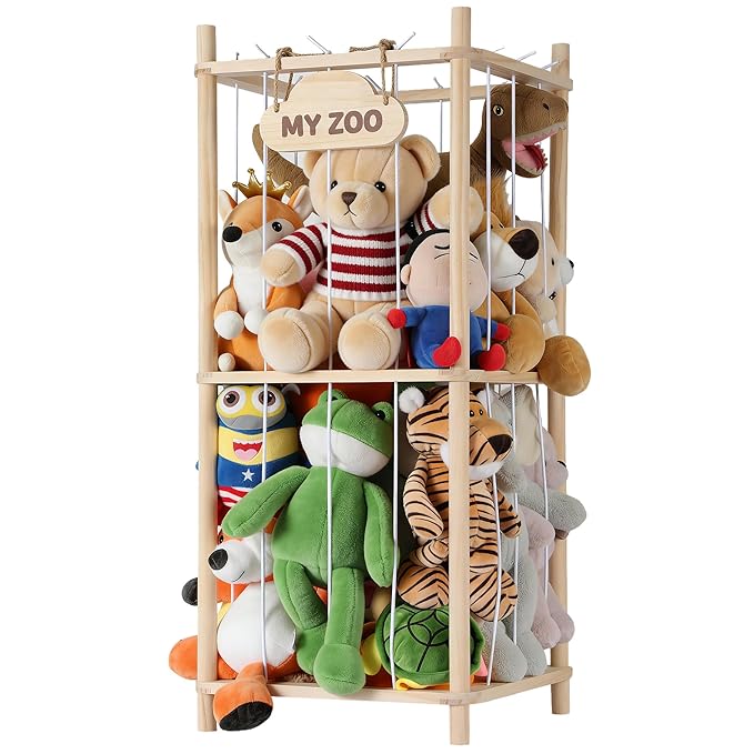 LAMU Stuffed Animal Storage Zoo, Wooden Stuffed Animals Organizer & Holder for Kids with Elastic Cords, Space Saving Plushies Toy Organizer, Easy to Setup Plush Toy Cage for Playroom Bedroom Nursery