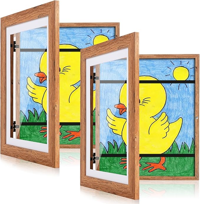 [2 Pack] Kids Art Frames, 10x12.5 Front Opening Kids Artwork Frames Changeable,Dark Woodgrain Artwork Display Storage Frame for Wall, Holds 50 Pcs, for 3D Picture, Crafts, Children Drawing, Hanging