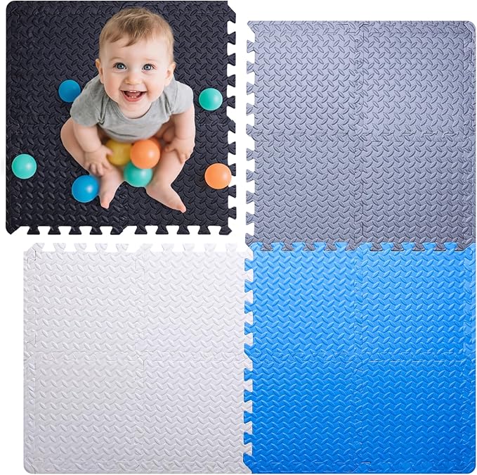 Coolcandy Baby Foam Play Mat 16Pcs with Edge Strips, 4 Colors Interlocking Floor Tiles, 0.4″ Thickened Non-Slip Puzzle Floor Mat for Infants Toddlers Playroom & Daycare