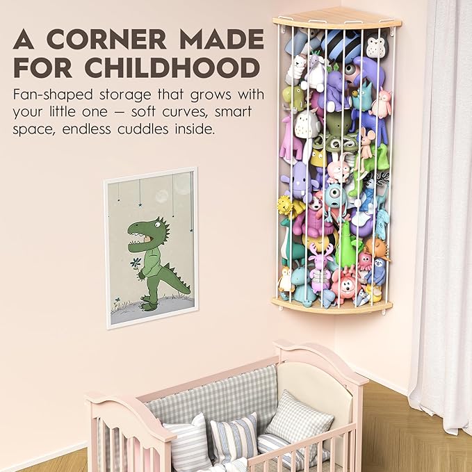 Corner Stuffed Animal Storage Zoo, Large Adjustable Solid Wood Plush Toy Organizer, Hanging Stuffie Holder Shelf & Cage with Engraved Dinosaur Star Moon for Kids Nursery Playroom