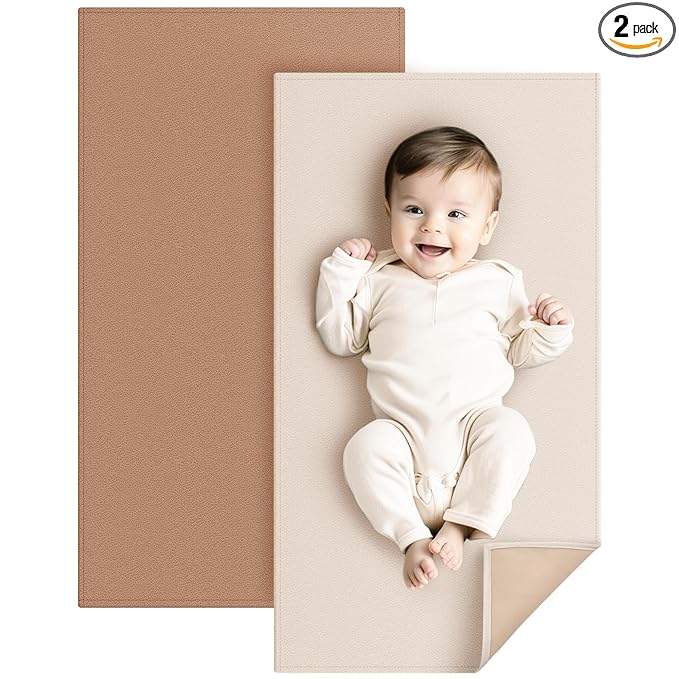 Konssy Faux Leather Baby Changing Mat, Waterproof, Wipeable & Portable Diaper Changing Pad for Travel or Home, Fits Perfectly in Diaper Bag, 32 x 20 inches (Brown,Beige)