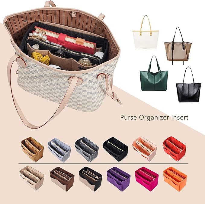 Vercord Felt Organizer Insert For Purse Handbag Tote Bag In Bag Inside Shaper Divider Neo Black & Beige X-Large