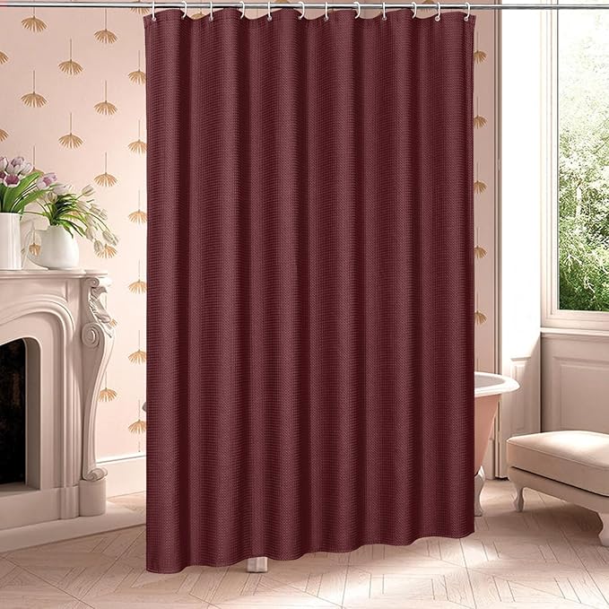 MitoVilla Burgundy Waffle Small Stall Shower Curtain 36 x 72, Half Size Fabric Narrow Shower Curtains for Bathroom Decor, Wine Red 36 inch Weighted Shower Curtain Set with Plastic Hooks
