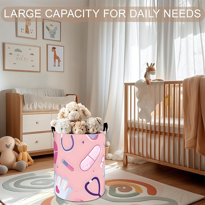 Nurse Doctor Laundry Basket Hamper 19.7"x15.8", Medical Foldable Waterproof Oxford Clothes Storage Bucket for Room Bathroom Bedroom Nursery Decor, Toy Organizer Bins Gifts for Kids Boys Girls