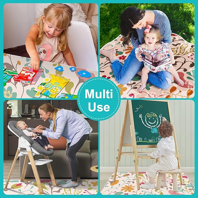 Welspo Splat Mat for Under High Chair, Washable Large Baby Splash Mat, Anti-Slip Silicone Spot Waterproof Floor Mat, Food Catcher Art Craft Leak Proof Mat(White Flower, 51inch X 51inch)