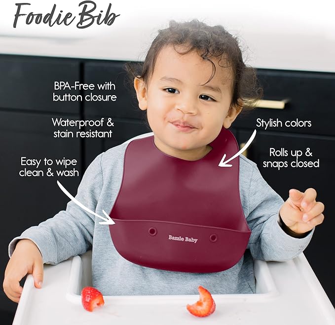 Bazzle Baby Silicone Bibs with Food Catcher - Rolls Up and Button closed for easy travel and storage Waterproof 2-Pk