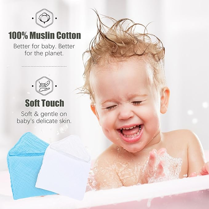 Spotted Play 2 Pack Hooded Baby Towels - 100% Muslin Cotton for Newborns, Infants, Toddlers, and Kids - Large 32x32Inch Size - Highly Absorbent and Essential for Newborn Care, White and Aqua