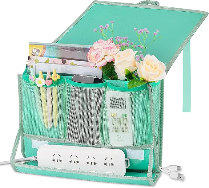 Retyion Bedside Caddy Bedside Storage Organizer Bedside Organizer with Power Strip Holder and 2 Adjustable Straps for Home Bunk Bed College Dorm Sofa (Green)