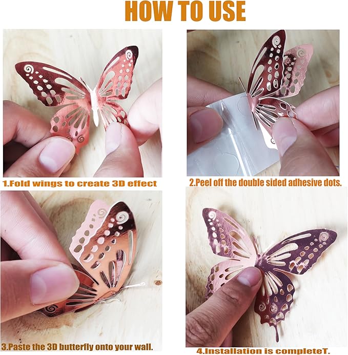 JOSDIOX 3D Rose Gold Butterfly Wall Stickers - 48 Pcs with 4 Styles & 3 Sizes, Removable Decor for Party Birthday Wedding Cake Balloon Decoration（48 Rose Gold