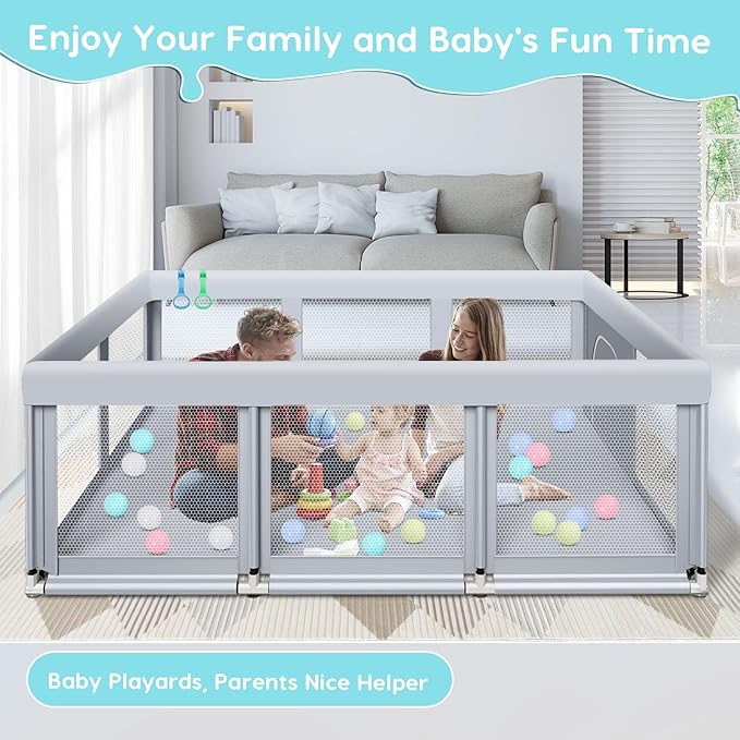 Fshibila 74" ×50" Large Baby Playpen, Baby Playard for Babies and Toddlers, PlayPen for Indoor & Outdoor, Sturdy Safety Play Yard with Soft Breathable Mesh, Anti-Fall, Ball x 18, Handle x 2, Grey