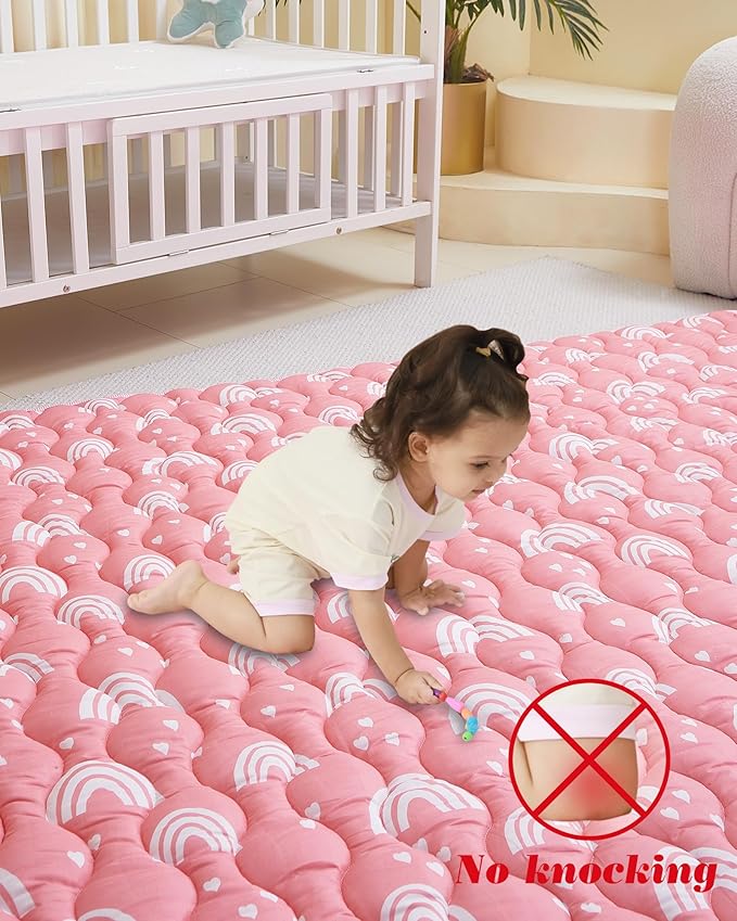 Viviland Baby Mats for Floor, 50x50 Inch Playpen Mat, Thick Cushioning Padding Playmat for Baby and Toddlers Infants, Non-Slip & Machine Washable, Pink Rainbow