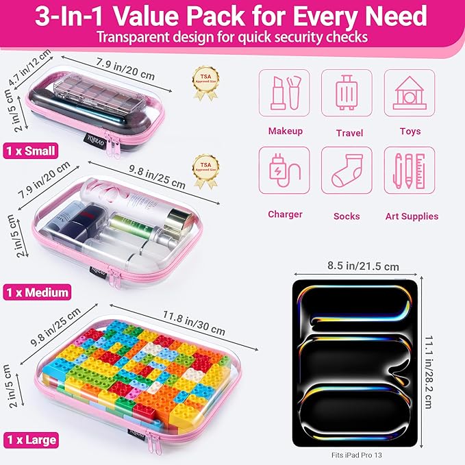 3 Pack Hard Sided Clear Zipper Case for Storage- Thickened-Grade Clear Hard Shell Zipper Case for Organizing Bead, Handicrafts, Sewing, Playdoh (Pink, LMS)