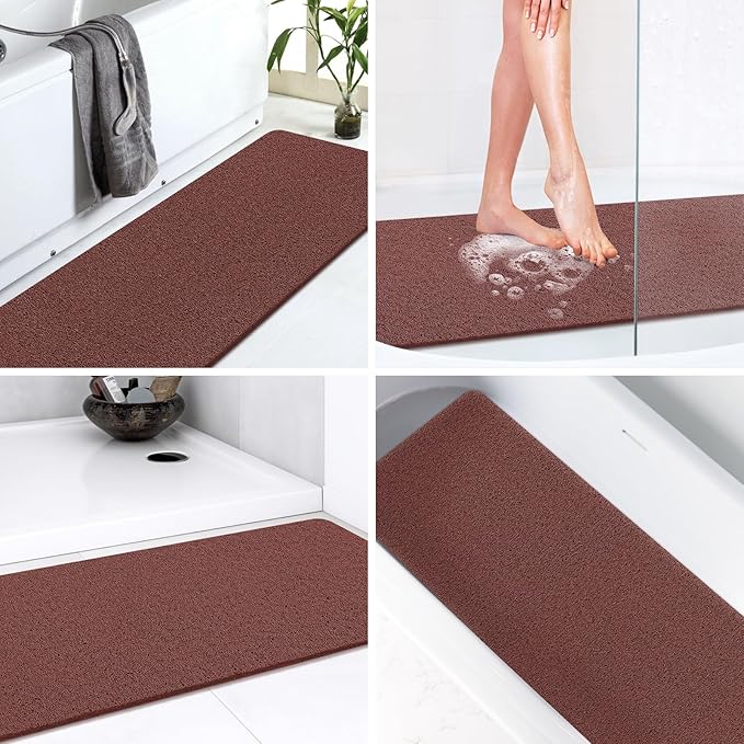 LuxStep Shower Mat Bathtub Mat,40x16 inch, Non-Slip Bath Mat with Drain, Quick Drying PVC Loofah Bathmat for Tub,Shower,Bathroom,Reddish Brown