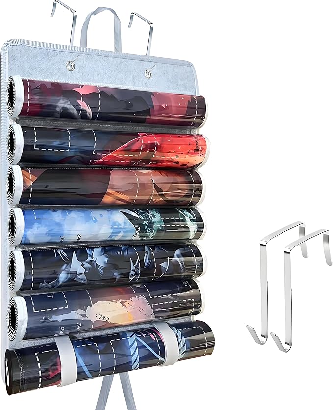 Playmat Holder, Playmat Tube Storage Bag for MTG with 2 Hooks, Fits 6+1 Game Mats & Tubes with Transparent Plastic Slots, Portable Organizer Case for TCG/RPG Mat (Grey)