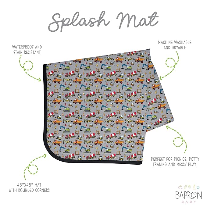 BapronBaby Construction Zone Splash Mat - Waterproof Catch-All for Under High Chairs, Floors, Tables, Playtime or Arts & Crafts - Machine Washable - 45" x 45”