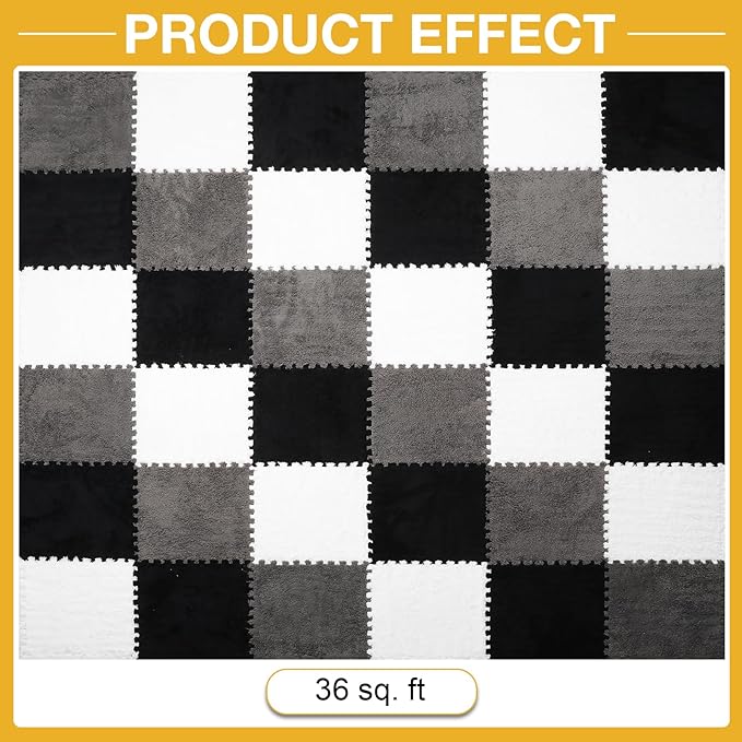 36 Pcs Plush Interlocking Carpet Tiles, Non-Toxic Foam Carpet Tiles for Toddler Baby, Anti-Slip, EVA Foam Interlocking Tiles for Floor, Nursery, Playroom, Grey White Black