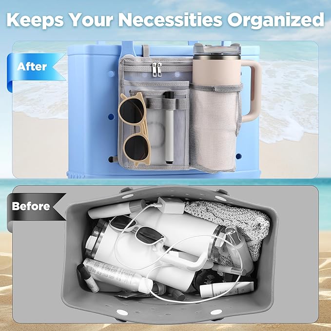 OUTXE Organizer Holder for Bogg Simple Modern Bag Accessories, Cup Phone Holder compatible with Stanley, Univesal Storage Mesh Divider Organizing Insert Pouch for Medium Bog Beach Rubber Tote, Gray