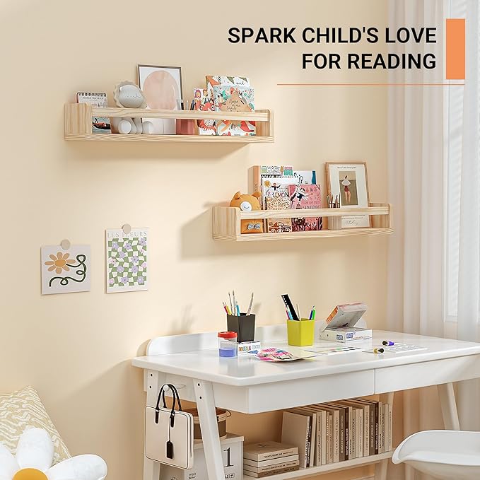 Heimlove Nursery Floating Shelves, Solid Wood Nursery Book Shelves for Wall, 24 inch Bookshelf for Kids for Books, Wall Mounted Shelves for Toys and Decor Storage, Set of 3 (Natural)