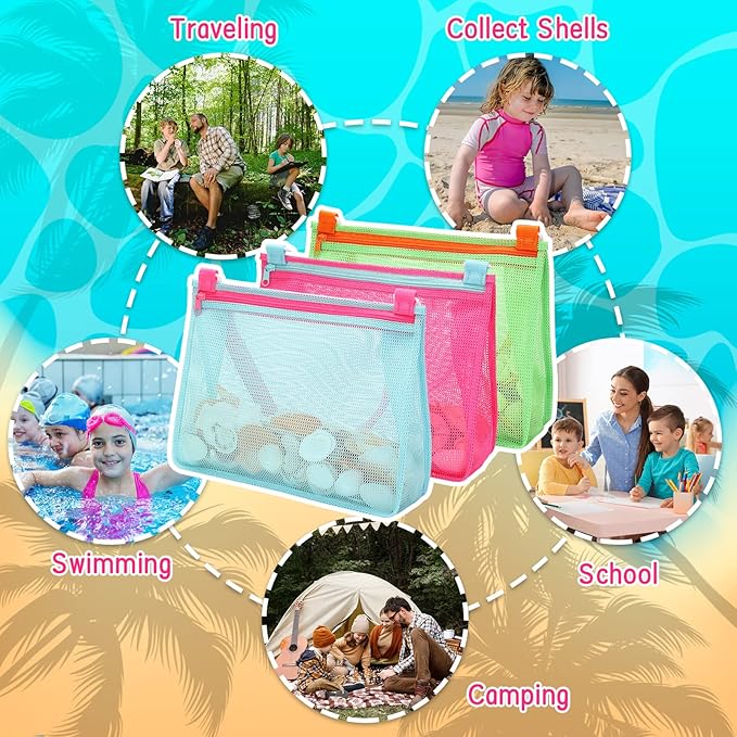 Tagitary Beach Toys Large Mesh Beach Bag Sand Toy Shell Collecting Bag for Holding Shells Pool Bag Swimming Accessories Gift for Teens Boys and Girls (Only Bags,A Set of 3)