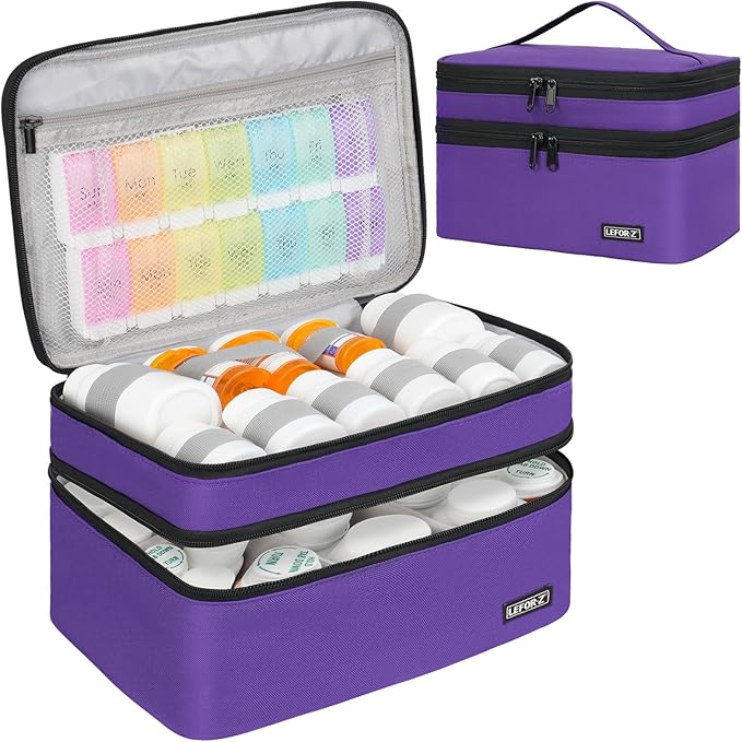 LEFOR·Z Medicine Storage Bag,Double Layers Pill Bottle Organizer Bag Empty with Lockable Zipper&Adjustable Divider,Medication Travel Carrying Bag for Pills,Vitamins,Medical Supplies,Purple