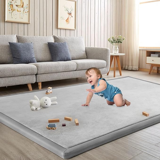 Baby Play Mat for Floor Tummy Time Mat Nursery Muscle Area Rug Playroom Rug Tatami 47"*47" Memory Foam 1.3" Thick Crawling For Babies,Toddlers, Infants, Kids,Floor(Light Gray)