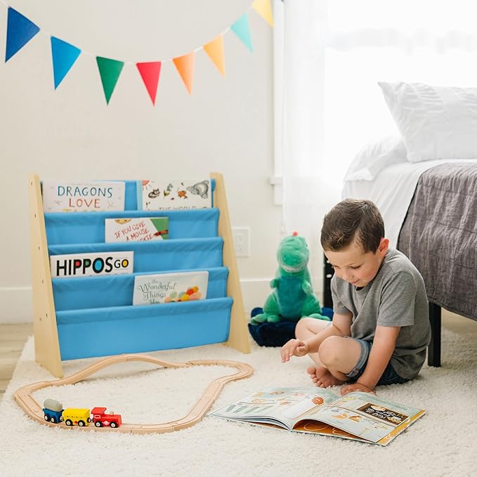 Wildkin Wooden Sling Bookshelf for Kids – Premium Canvas Design with 4 Fabric Shelves, Organizer for Home or Classroom - Natural w/Sky Blue