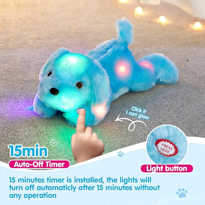 WEWILL 18'' Light up Puppy Stuffed Animal Creative Night Light Lovely LED Dog Glow Soft Plush Toy Gifts for Kids on Christmas Birthday Valentines Festivals, Blue